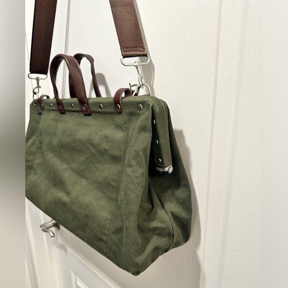 Canvas Weekender Bag LINE OF TRADE Olive Green Canvas Leather Trim - NWOT - Picture 6 of 13